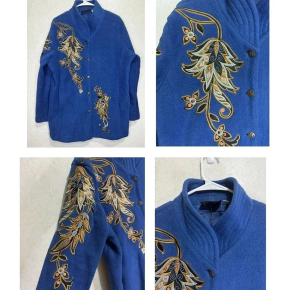 BOB MACKIE Wearable Art Fleece Jacket Blue Embroidered Floral Large Soft Office - Picture 1 of 12